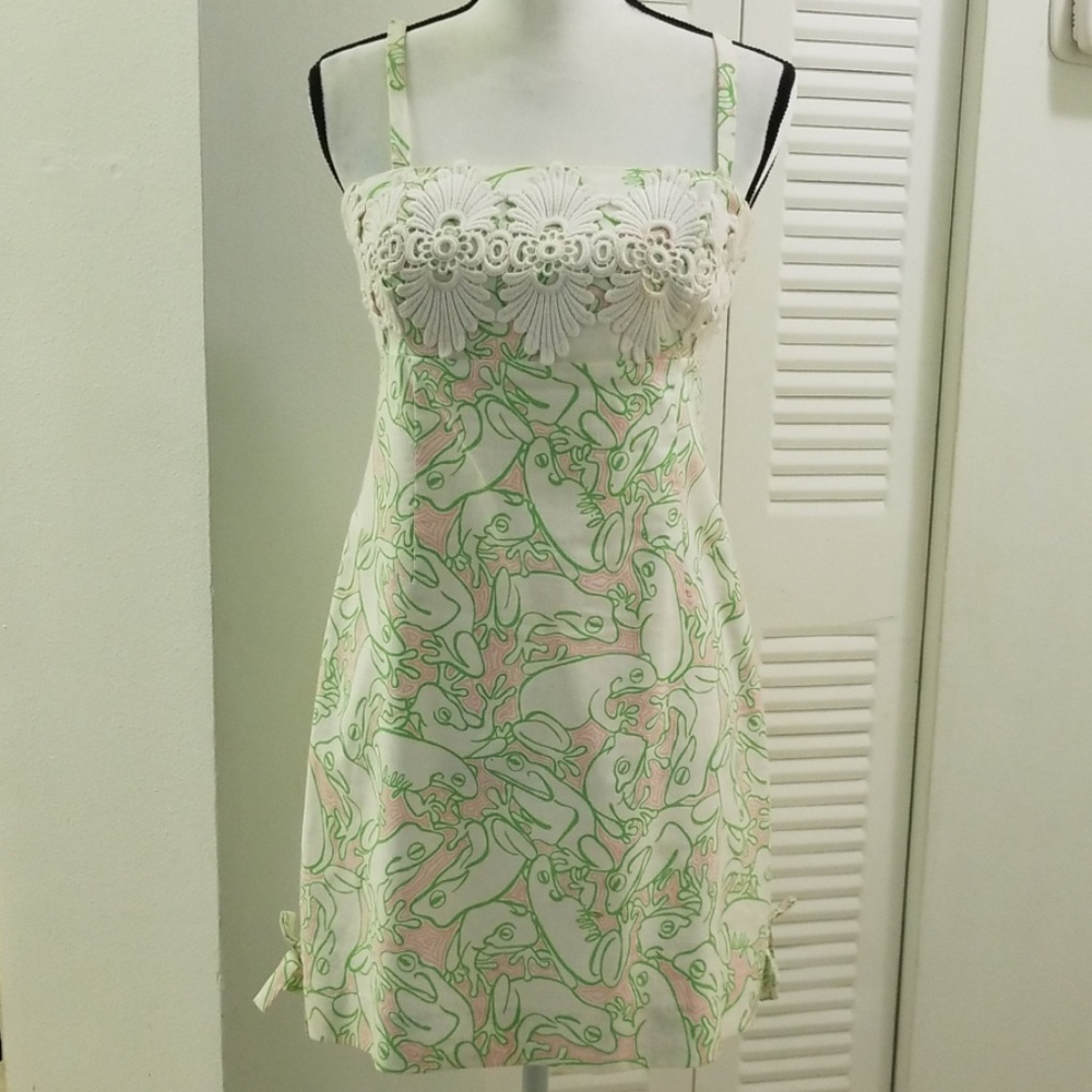 Lilly Pulitzer White Pink & Green Lace-Trim Mini Dress